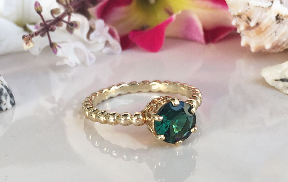 Round Green Tourmaline Vintage Beaded Band Ring - H.L.Jewelry