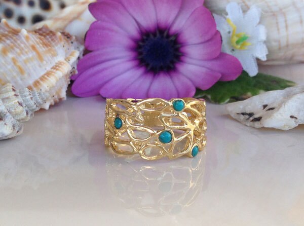 Round Green Turquoise Four Stone Lace Wide Band Ring - H.L.Jewelry