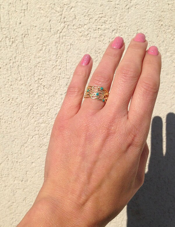 Round Green Turquoise Four Stone Lace Wide Band Ring - H.L.Jewelry