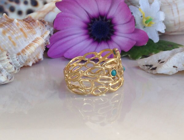 Round Green Turquoise Four Stone Lace Wide Band Ring - H.L.Jewelry