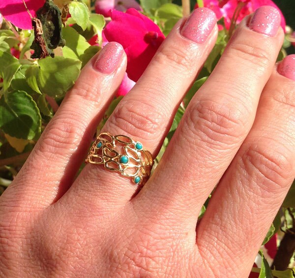 Round Green Turquoise Four Stone Lace Wide Band Ring - H.L.Jewelry