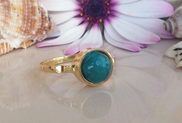Round Green Turquoise Simple Hammered Band Ring - H.L.Jewelry