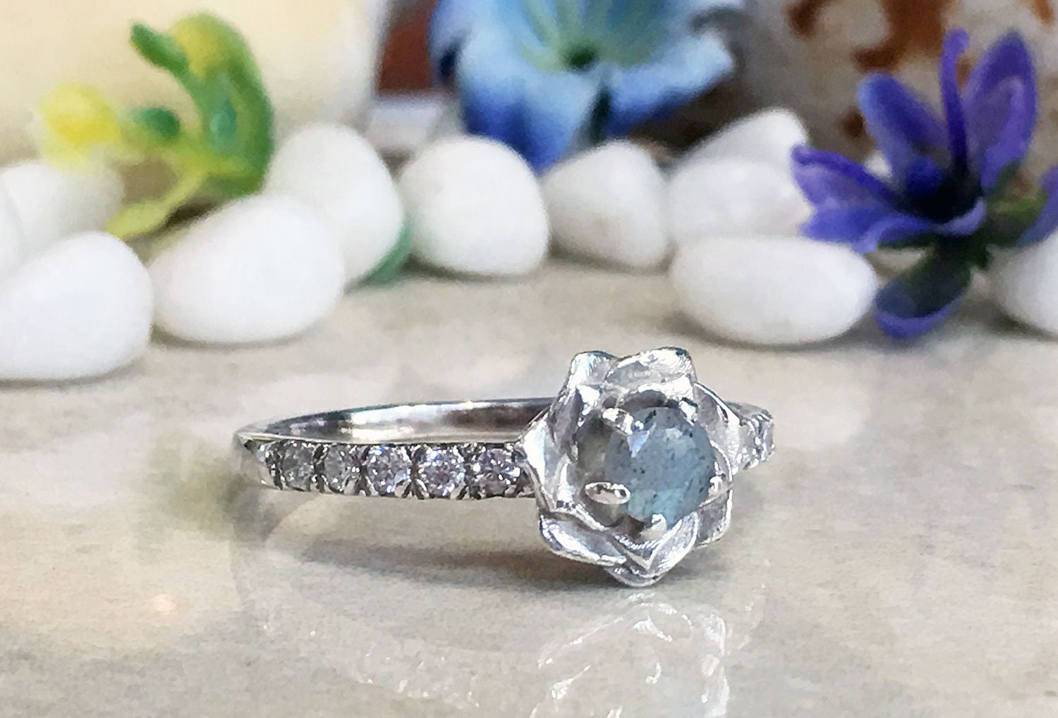 Round Labradorite Camellia Ring with Clear Quartz Accents - H.L.Jewelry