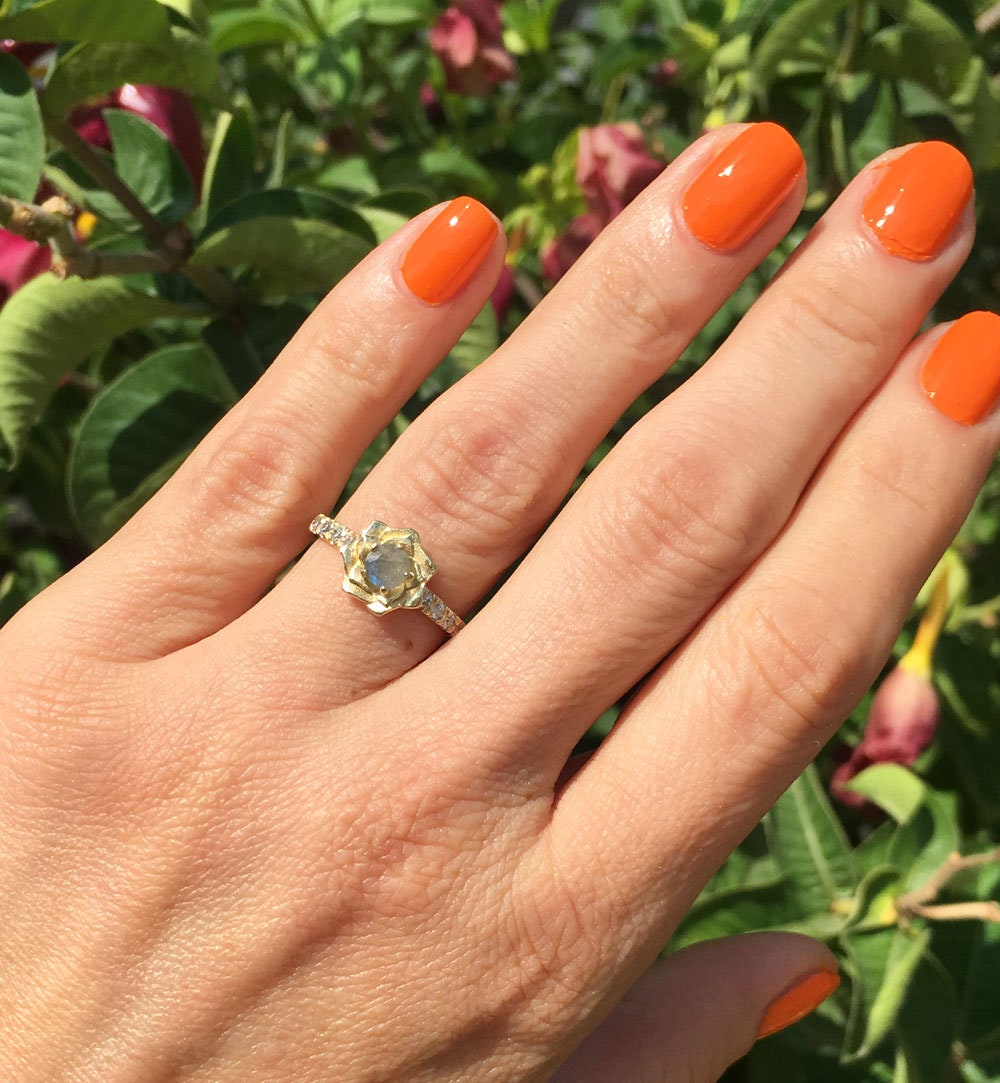 Round Labradorite Camellia Ring with Clear Quartz Accents - H.L.Jewelry
