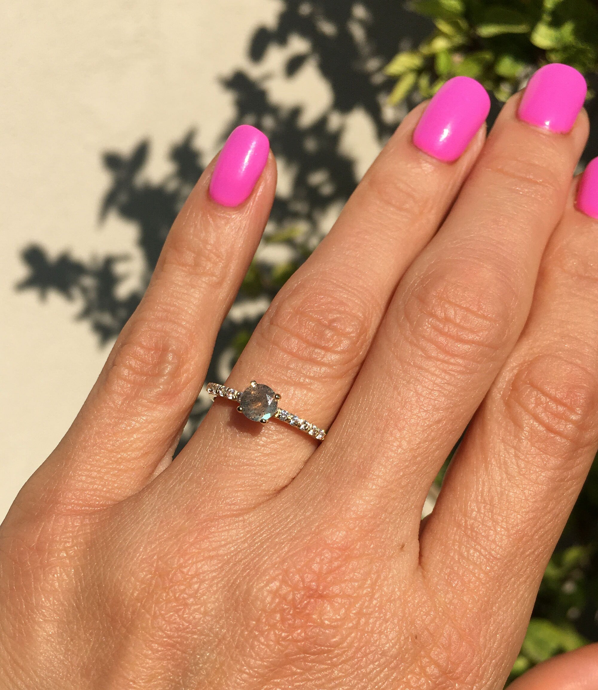 Round Labradorite Delicate Ring with Clear Quartz Accents - H.L.Jewelry