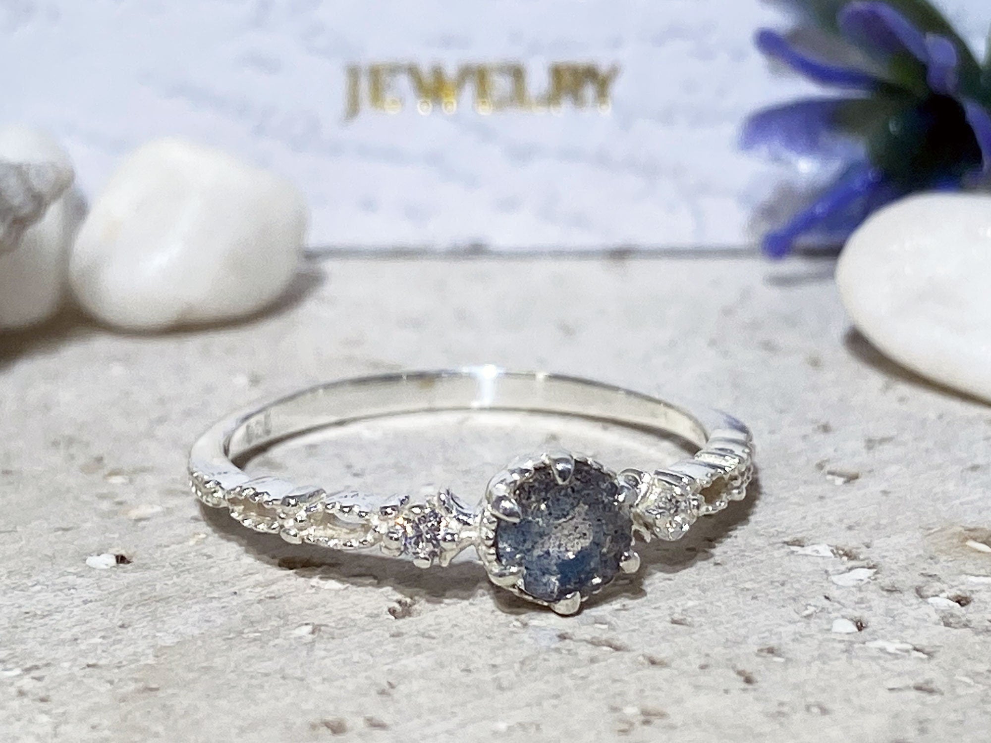 Round Labradorite Delicate Ring with Clear Quartz Accents - H.L.Jewelry