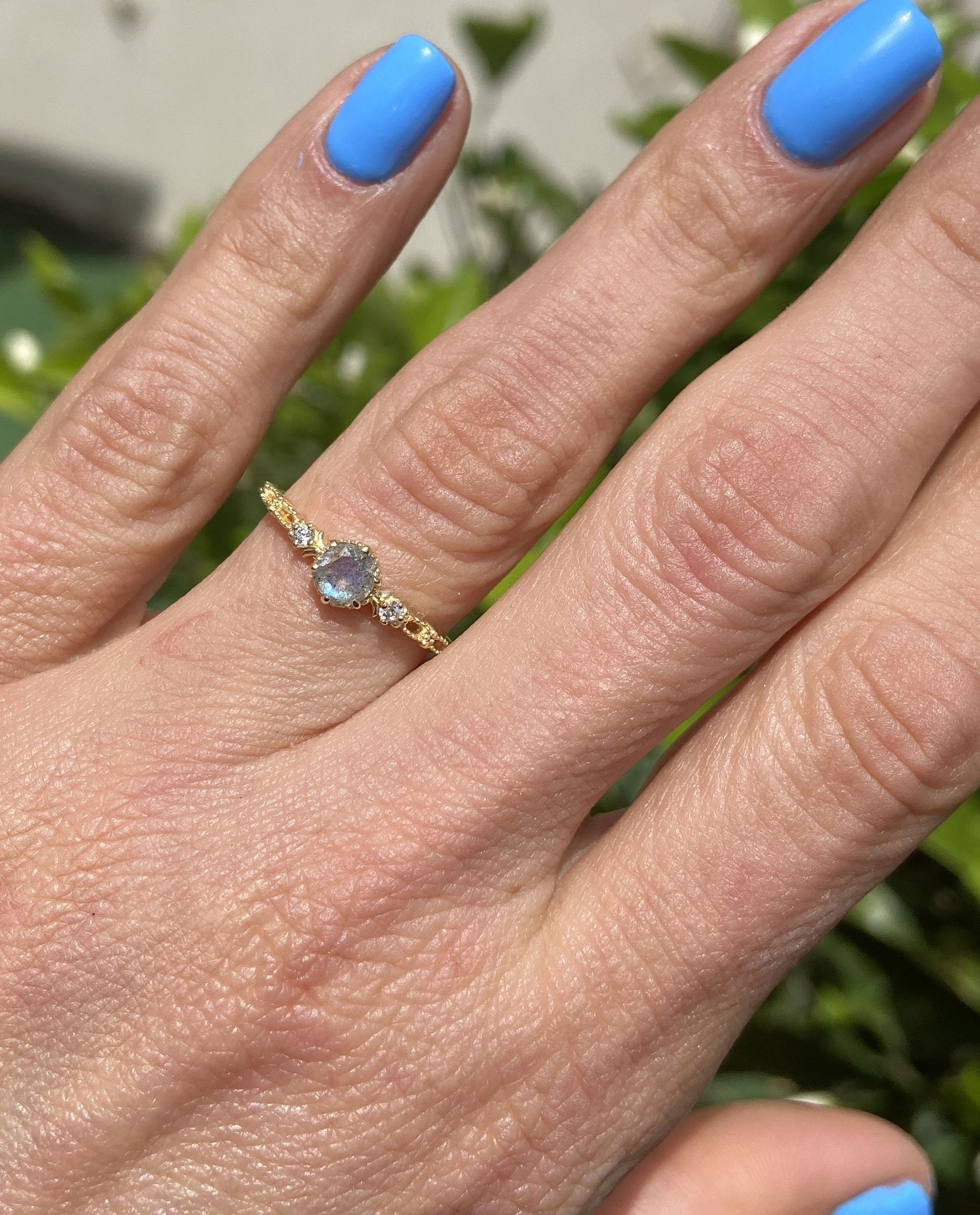 Round Labradorite Delicate Ring with Clear Quartz Accents - H.L.Jewelry