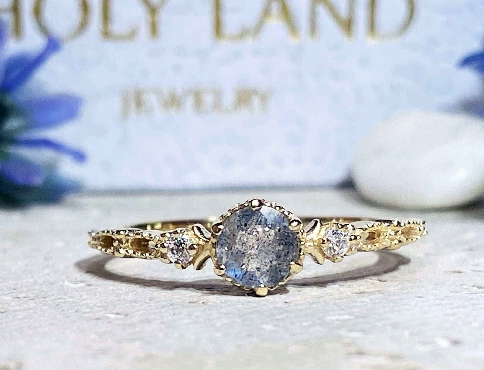 Round Labradorite Delicate Ring with Clear Quartz Accents - H.L.Jewelry