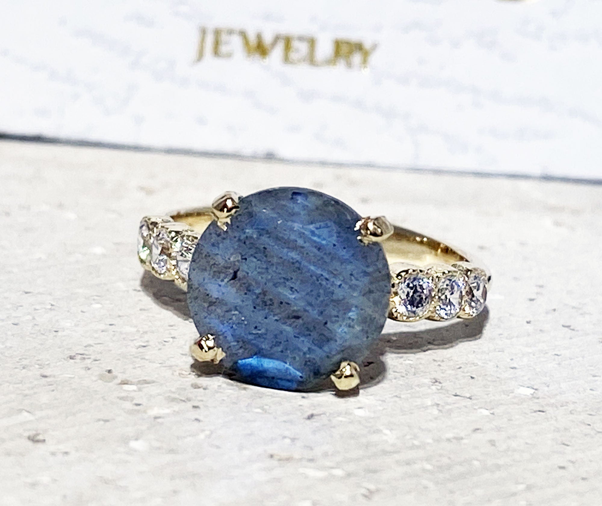 Round Labradorite Engagement Ring with Clear Quartz Accents - H.L.Jewelry