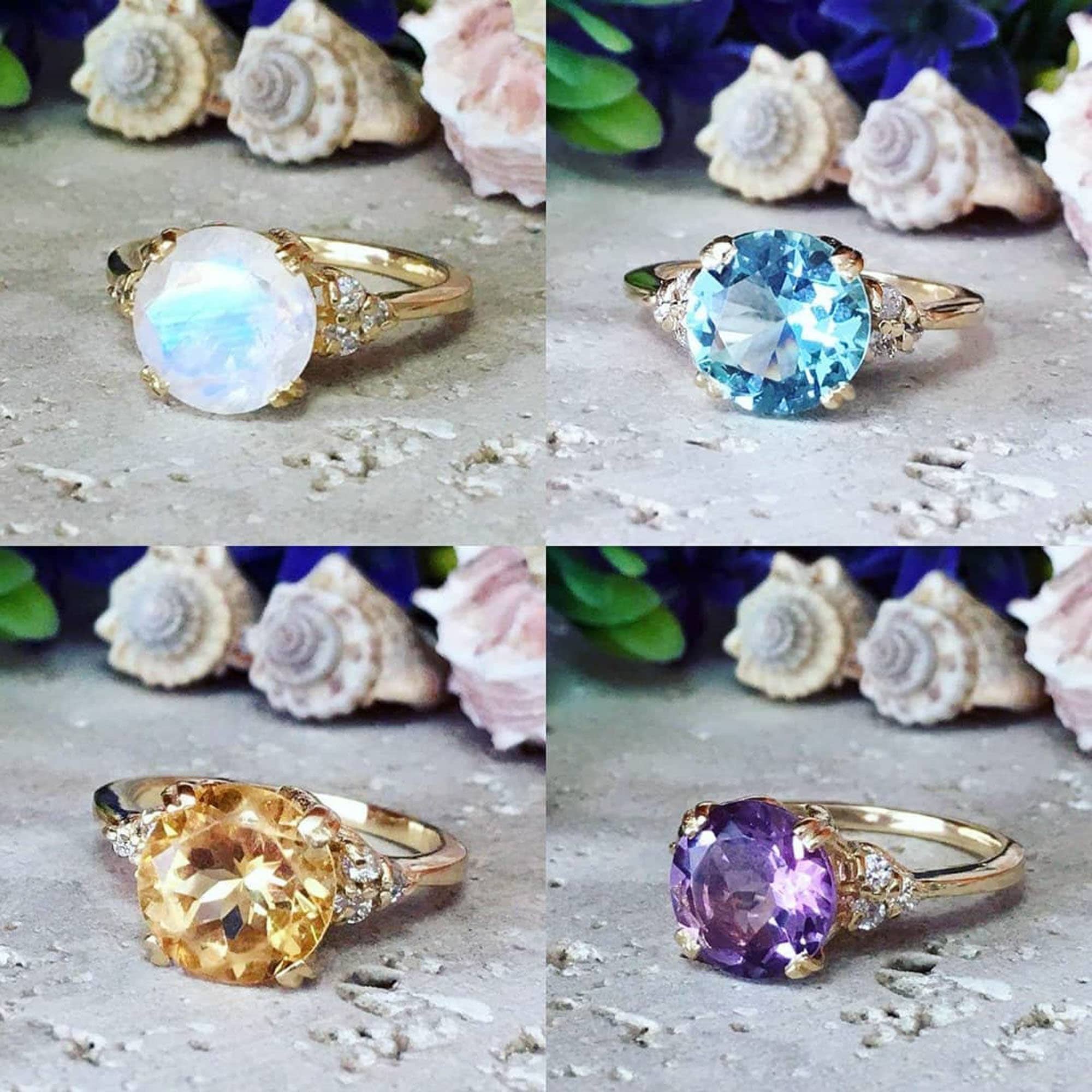 Round Labradorite Engagement Ring with Clear Quartz Accents - H.L.Jewelry