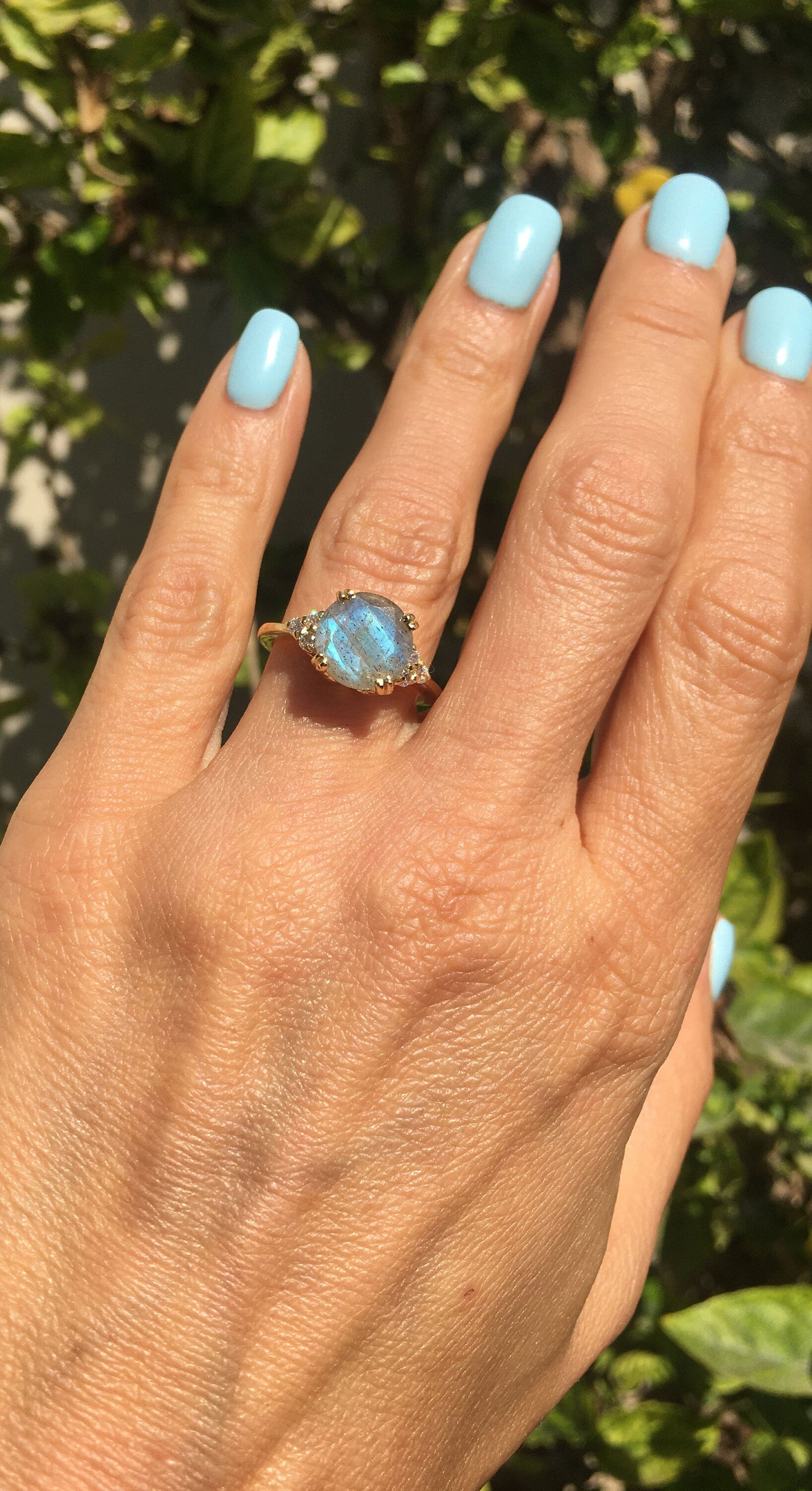 Round Labradorite Engagement Ring with Clear Quartz Accents - H.L.Jewelry
