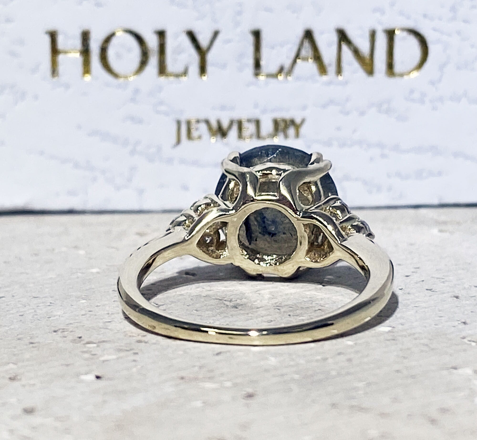 Round Labradorite Engagement Ring with Clear Quartz Accents - H.L.Jewelry