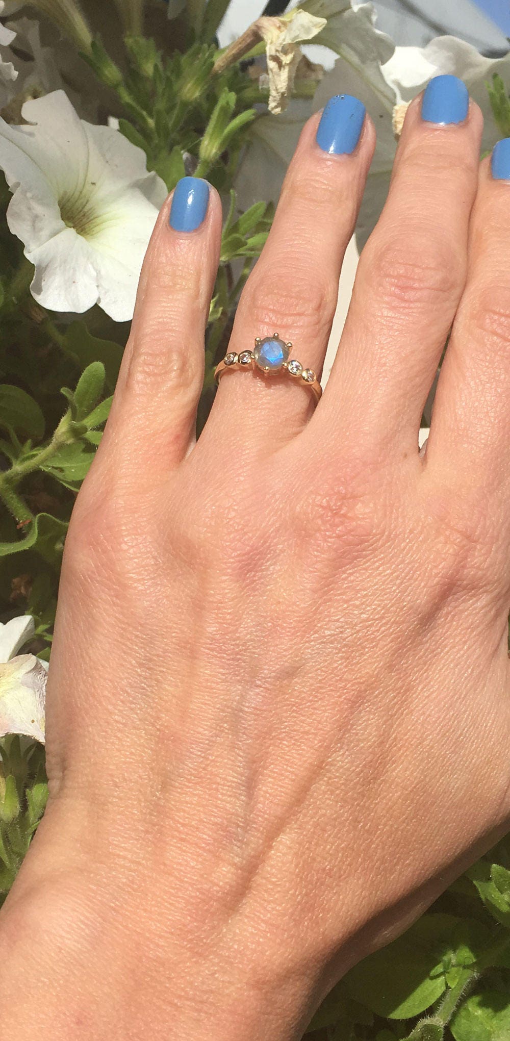 Round Labradorite Gemstone Ring with Clear Quartz Accents - H.L.Jewelry