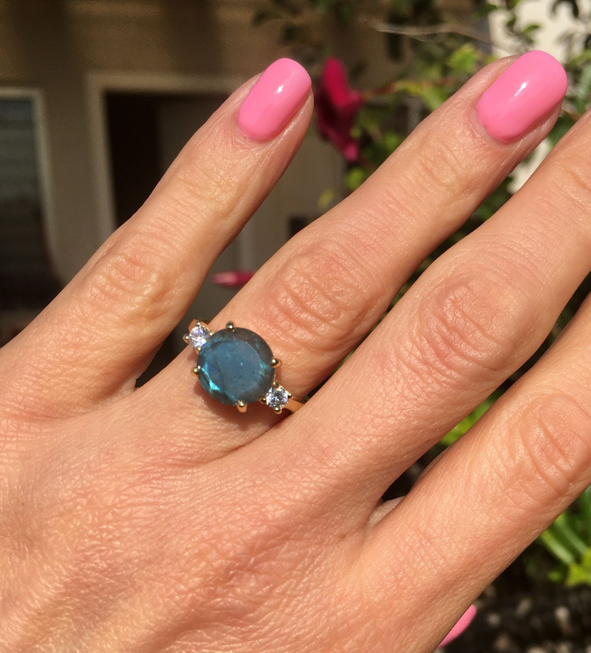 Round Labradorite Statement Ring with Clear Quartz Accents - H.L.Jewelry