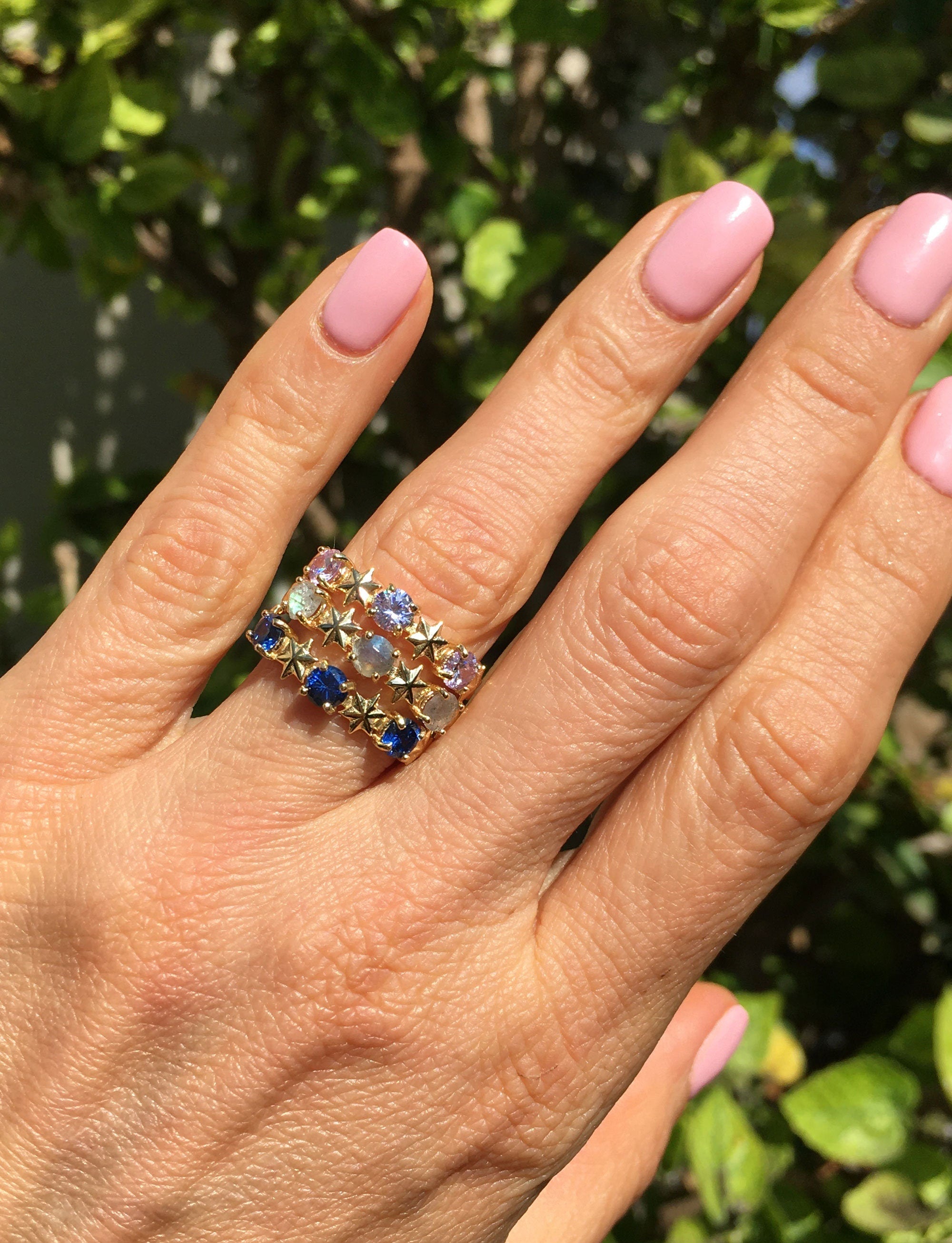 Round Labradorite Three Stone Ring with Star Accents - H.L.Jewelry