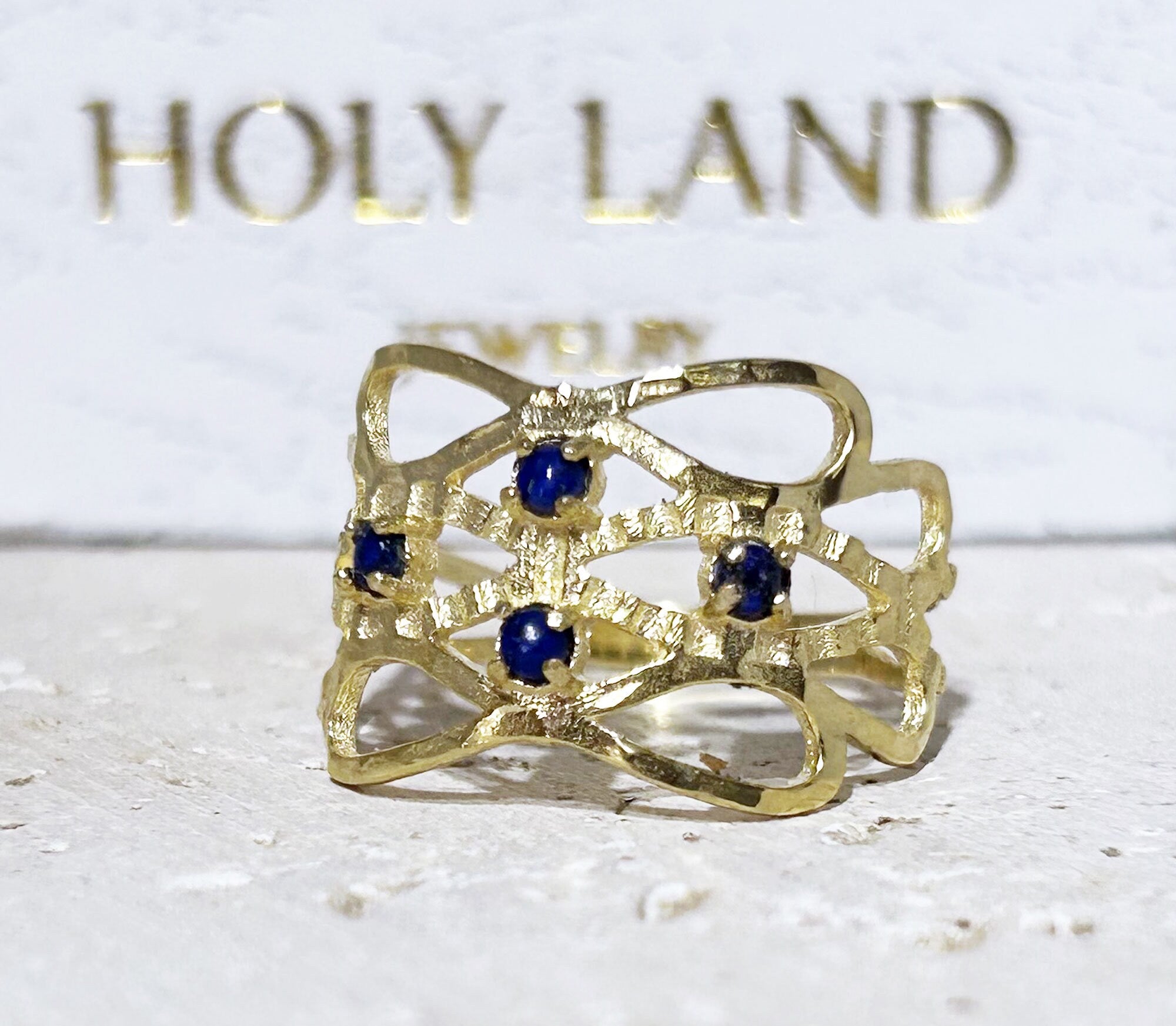 Round Lapis Lazuli Four Stone Hammered Band Ring - H.L.Jewelry
