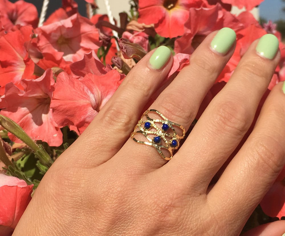 Round Lapis Lazuli Four Stone Hammered Band Ring - H.L.Jewelry