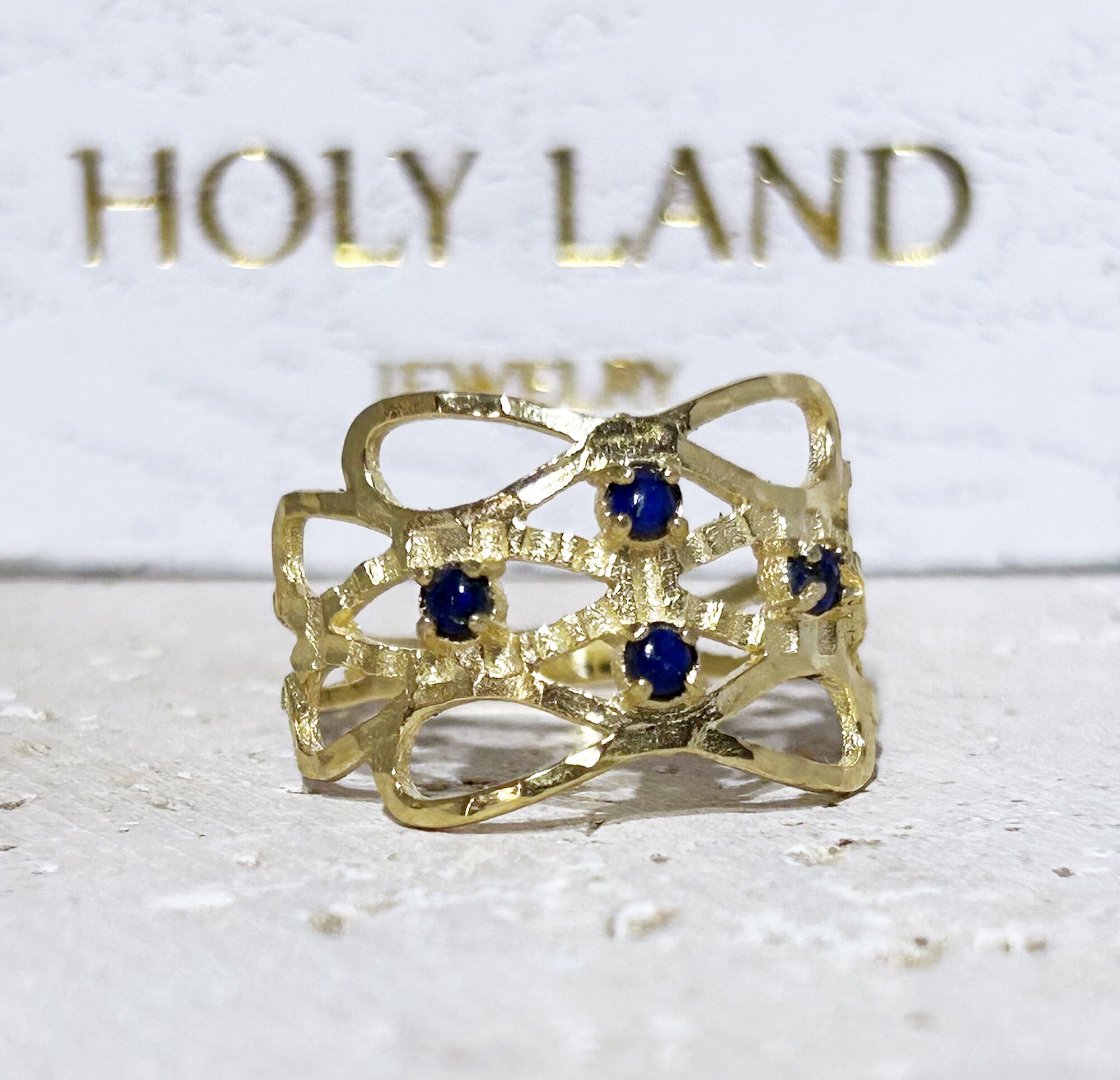 Round Lapis Lazuli Four Stone Hammered Band Ring - H.L.Jewelry