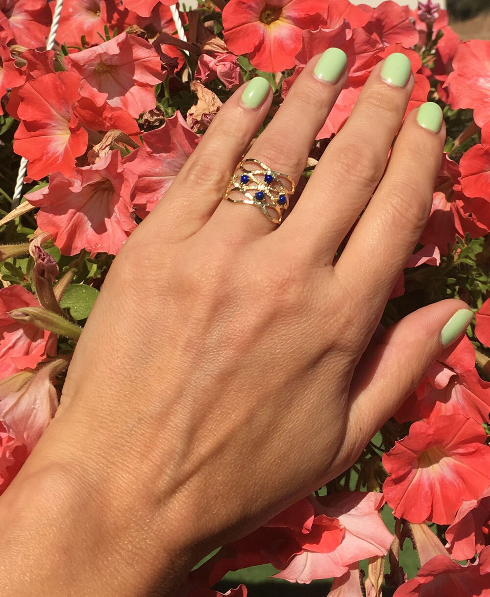 Round Lapis Lazuli Four Stone Hammered Band Ring - H.L.Jewelry