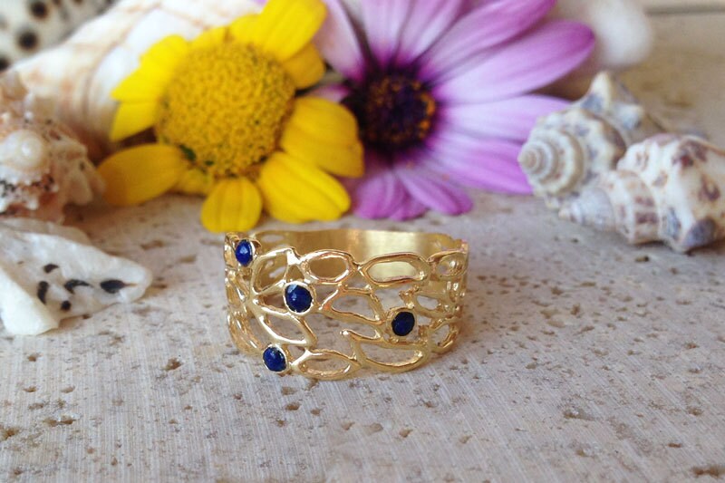 Round Lapis Lazuli Four Stone Lace Wide Band Ring - H.L.Jewelry