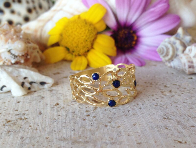 Round Lapis Lazuli Four Stone Lace Wide Band Ring - H.L.Jewelry