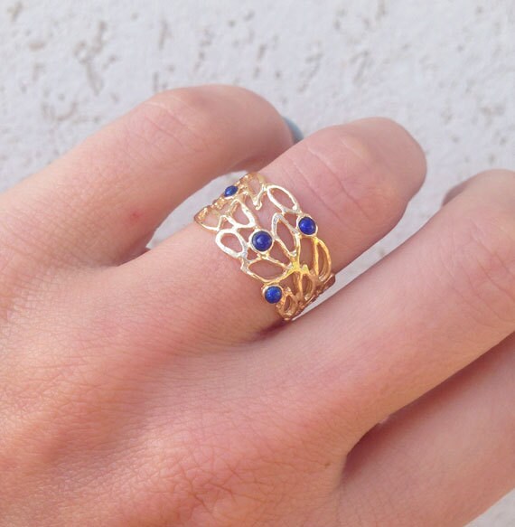 Round Lapis Lazuli Four Stone Lace Wide Band Ring - H.L.Jewelry