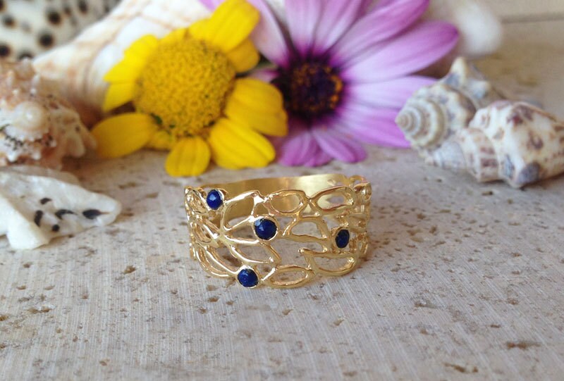Round Lapis Lazuli Four Stone Lace Wide Band Ring - H.L.Jewelry