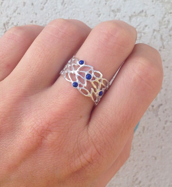 Round Lapis Lazuli Four Stone Lace Wide Band Ring - H.L.Jewelry