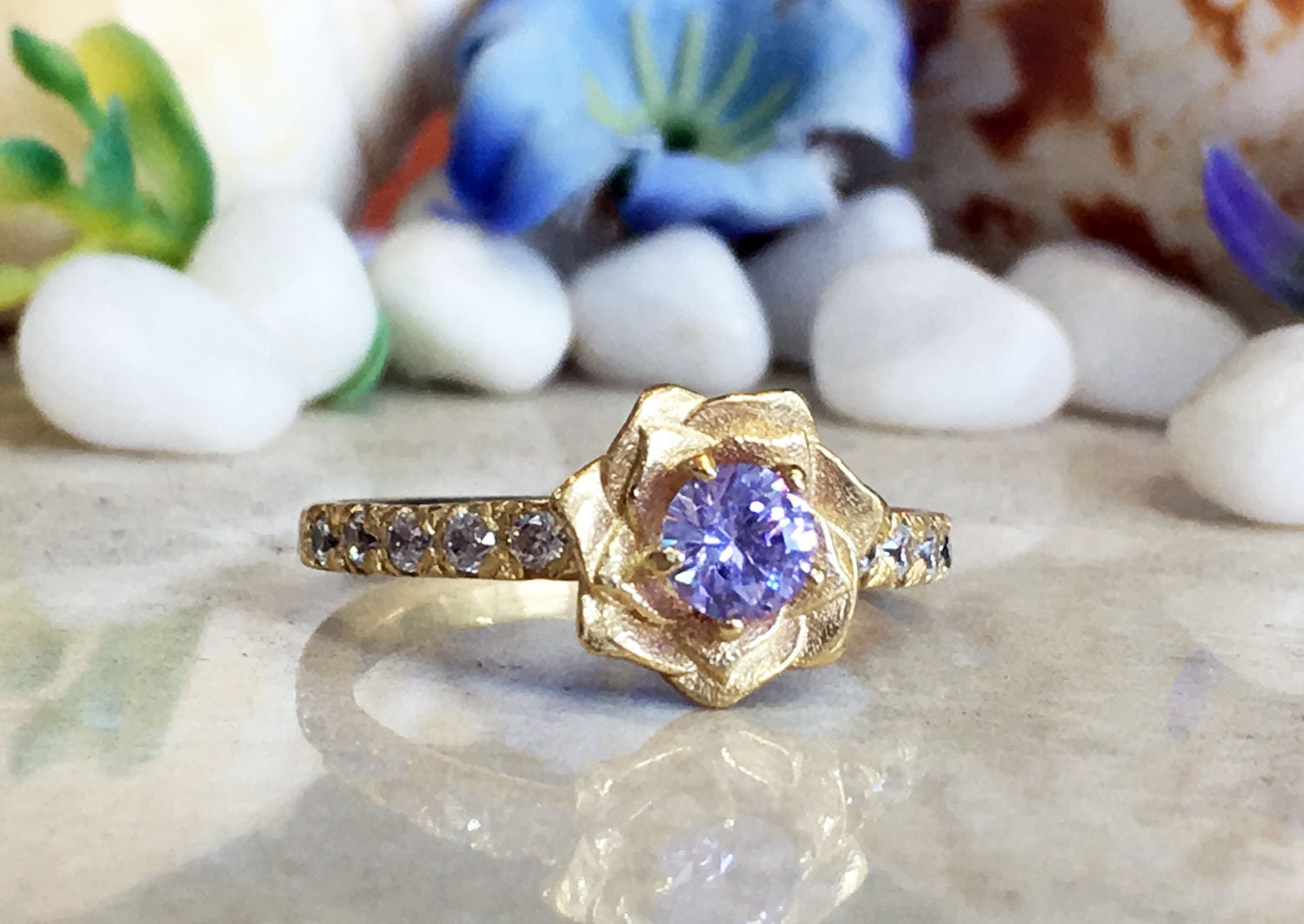 Round Lavender Amethyst Camellia Ring with Clear Quartz Accents - H.L.Jewelry