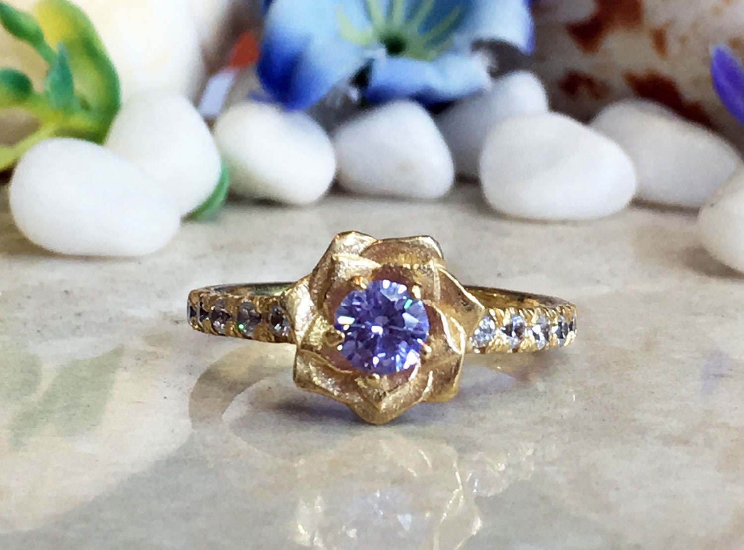 Round Lavender Amethyst Camellia Ring with Clear Quartz Accents - H.L.Jewelry