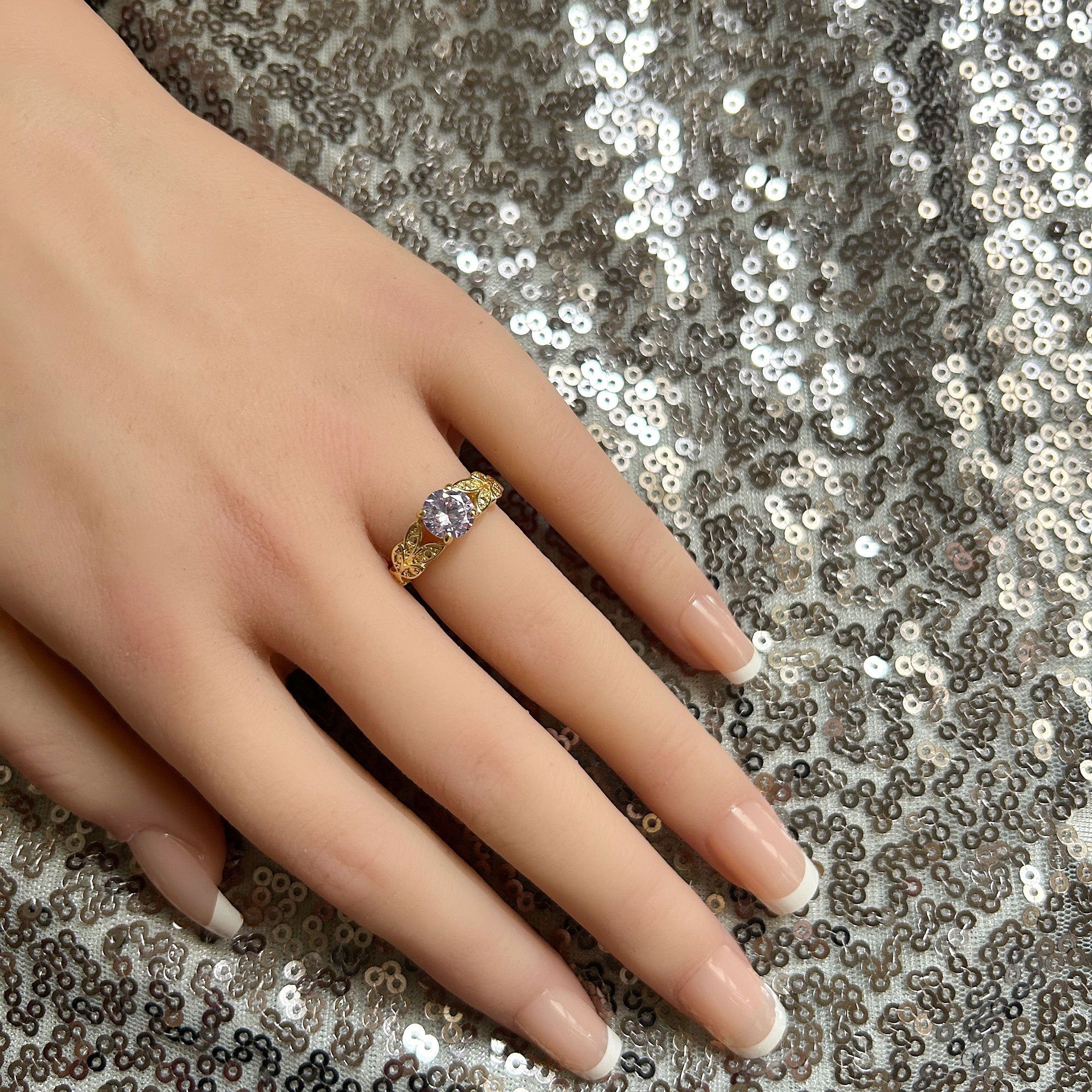 Round Lavender Amethyst Gemstone Flower Leaves Ring - H.L.Jewelry