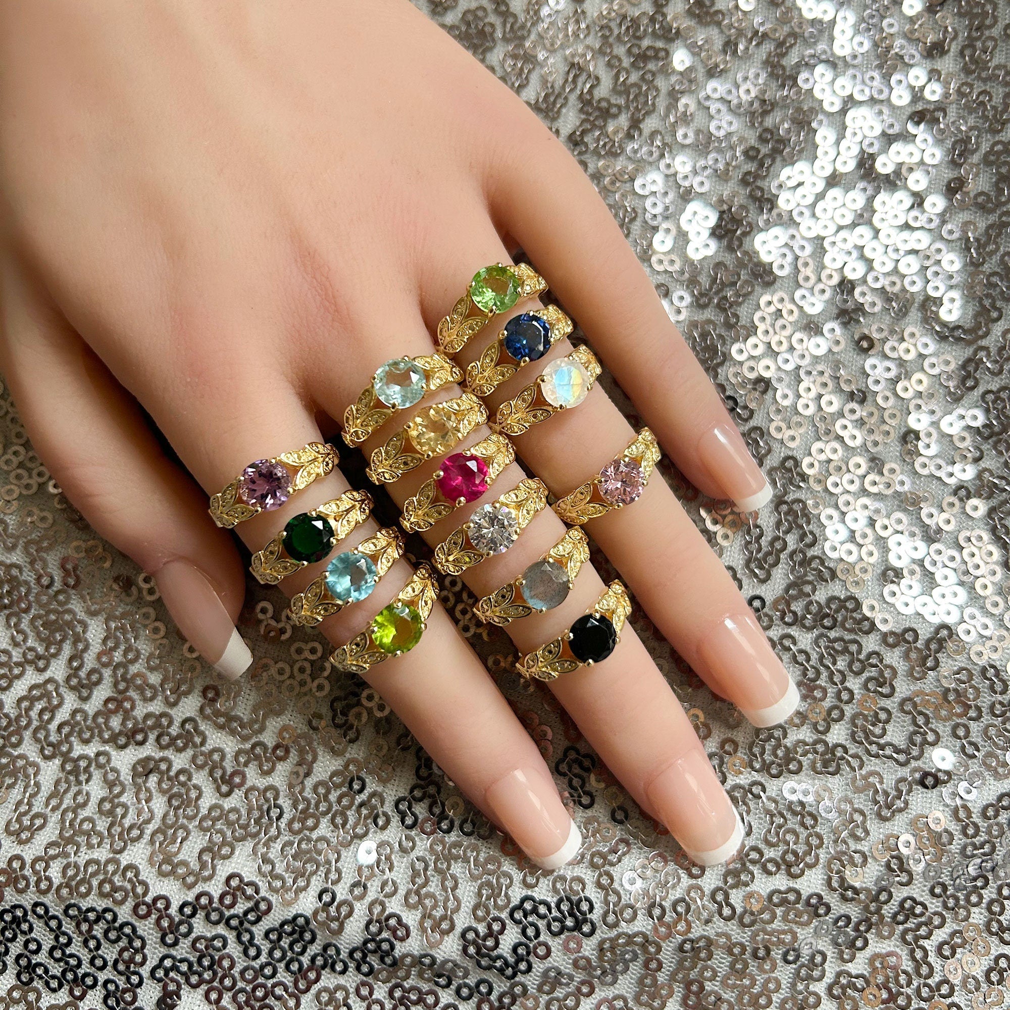 Round Lavender Amethyst Gemstone Flower Leaves Ring - H.L.Jewelry