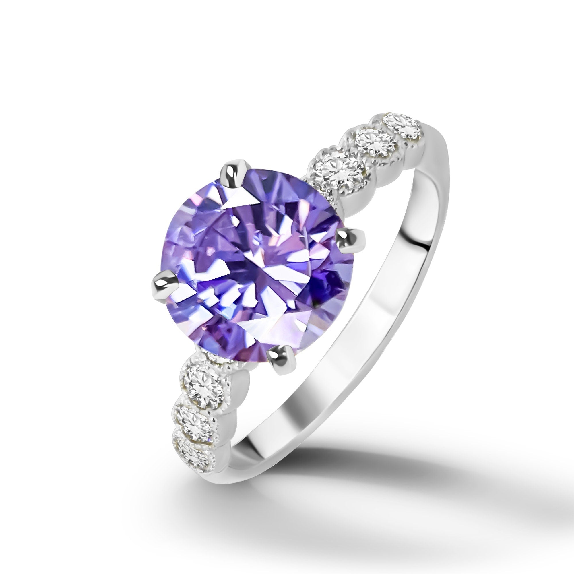 Round Lavender Amethyst Ring with Clear Quartz Accents - H.L.Jewelry