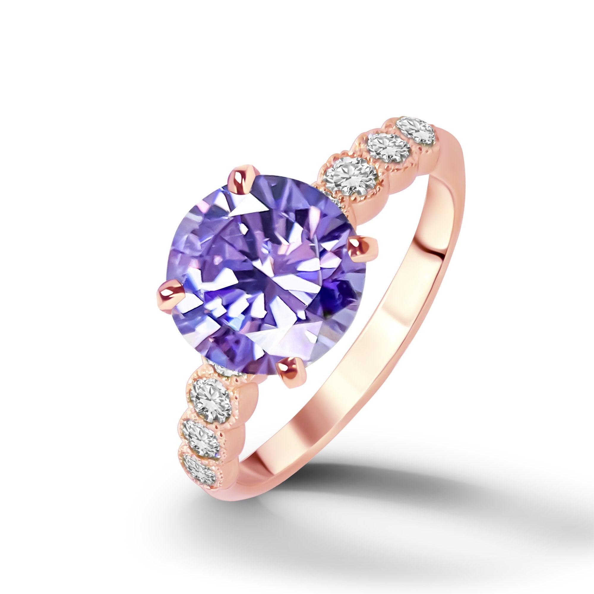 Round Lavender Amethyst Ring with Clear Quartz Accents - H.L.Jewelry