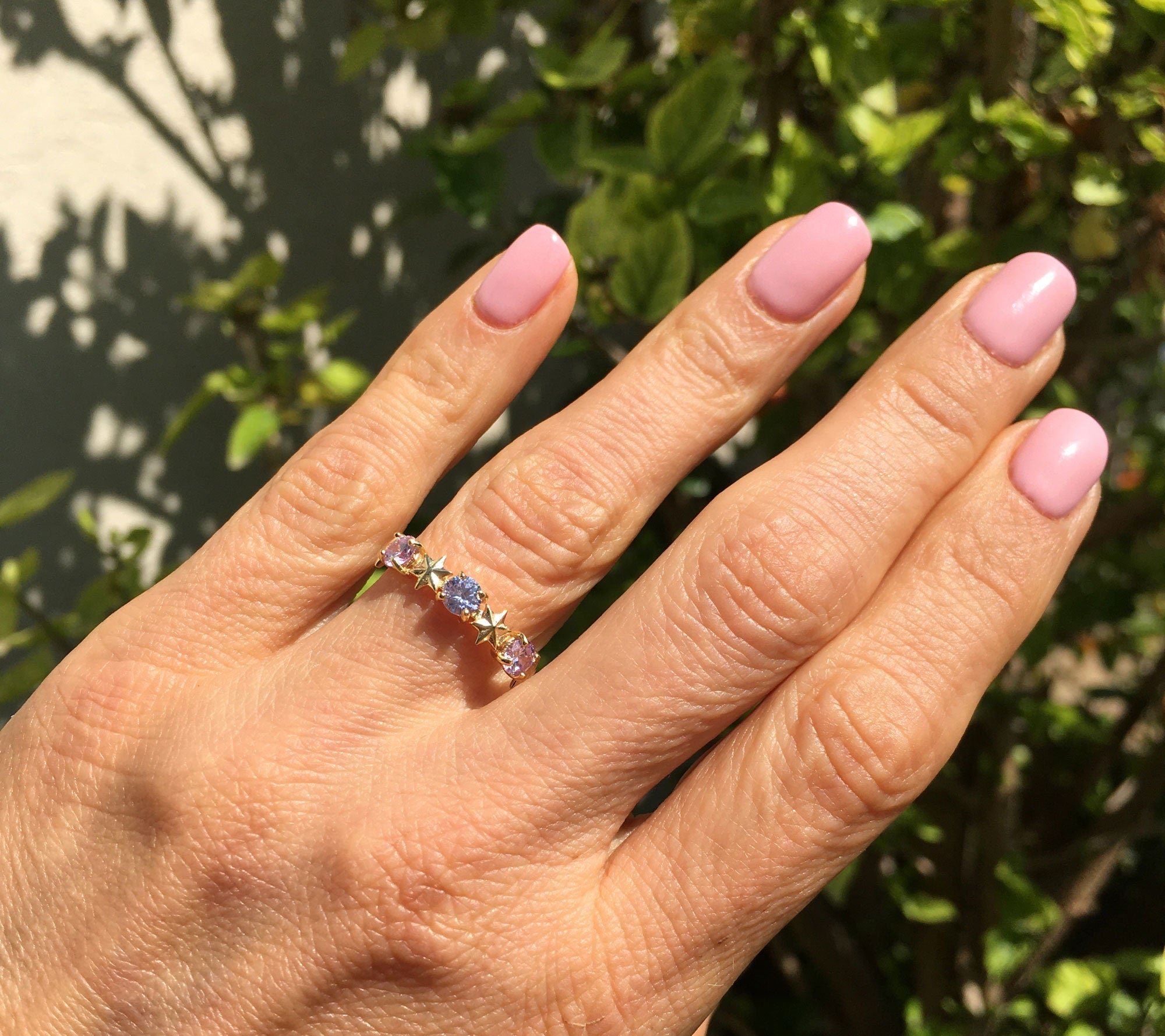 Round Lavender Amethyst Three Stone Ring with Star Accents - H.L.Jewelry