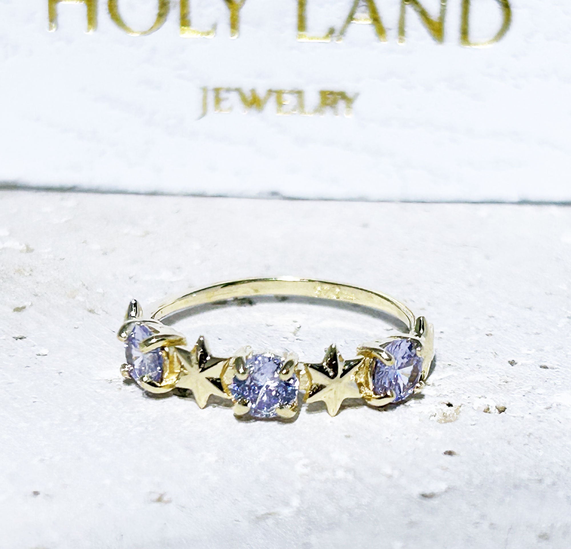 Round Lavender Amethyst Three Stone Ring with Star Accents - H.L.Jewelry