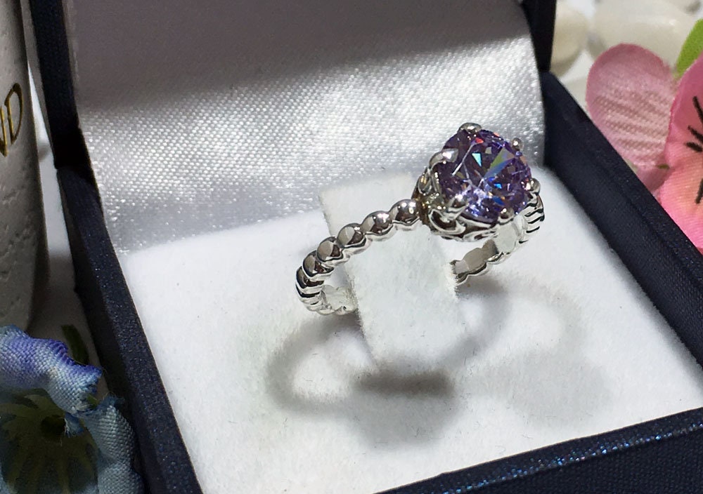 Round Lavender Amethyst Vintage Beaded Band Ring - H.L.Jewelry