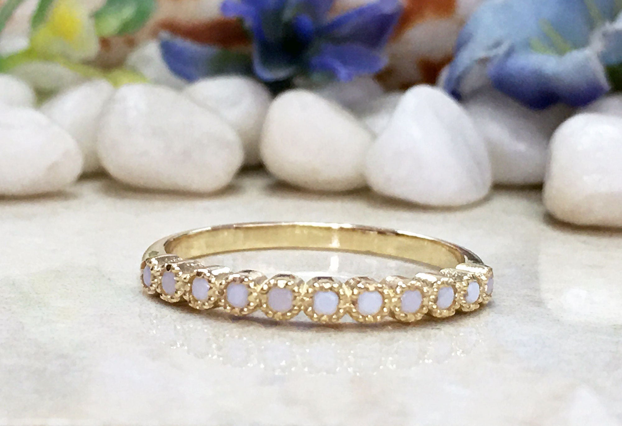 Round Milky White Agate Eleven Stone Stacking Half Eternity Ring - H.L.Jewelry