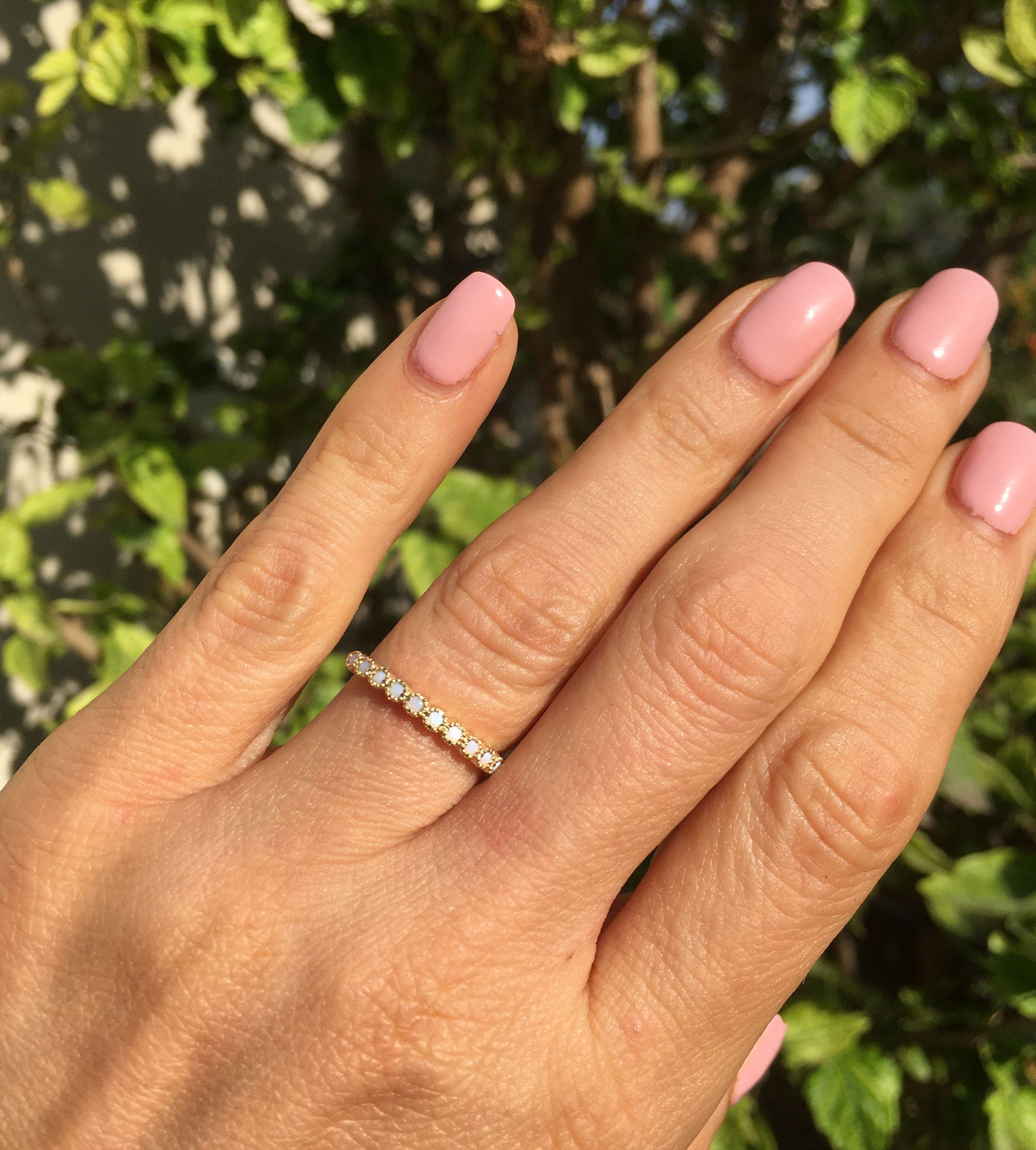 Round Milky White Agate Eleven Stone Stacking Half Eternity Ring - H.L.Jewelry