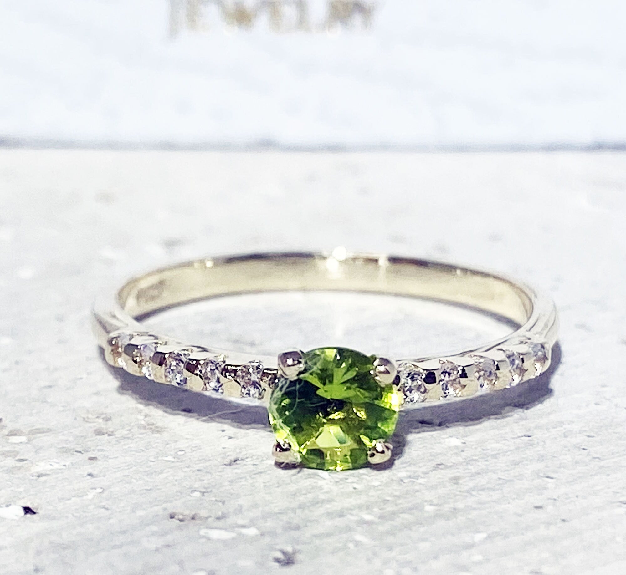 Round Peridot Delicate Ring with Clear Quartz Accents - H.L.Jewelry