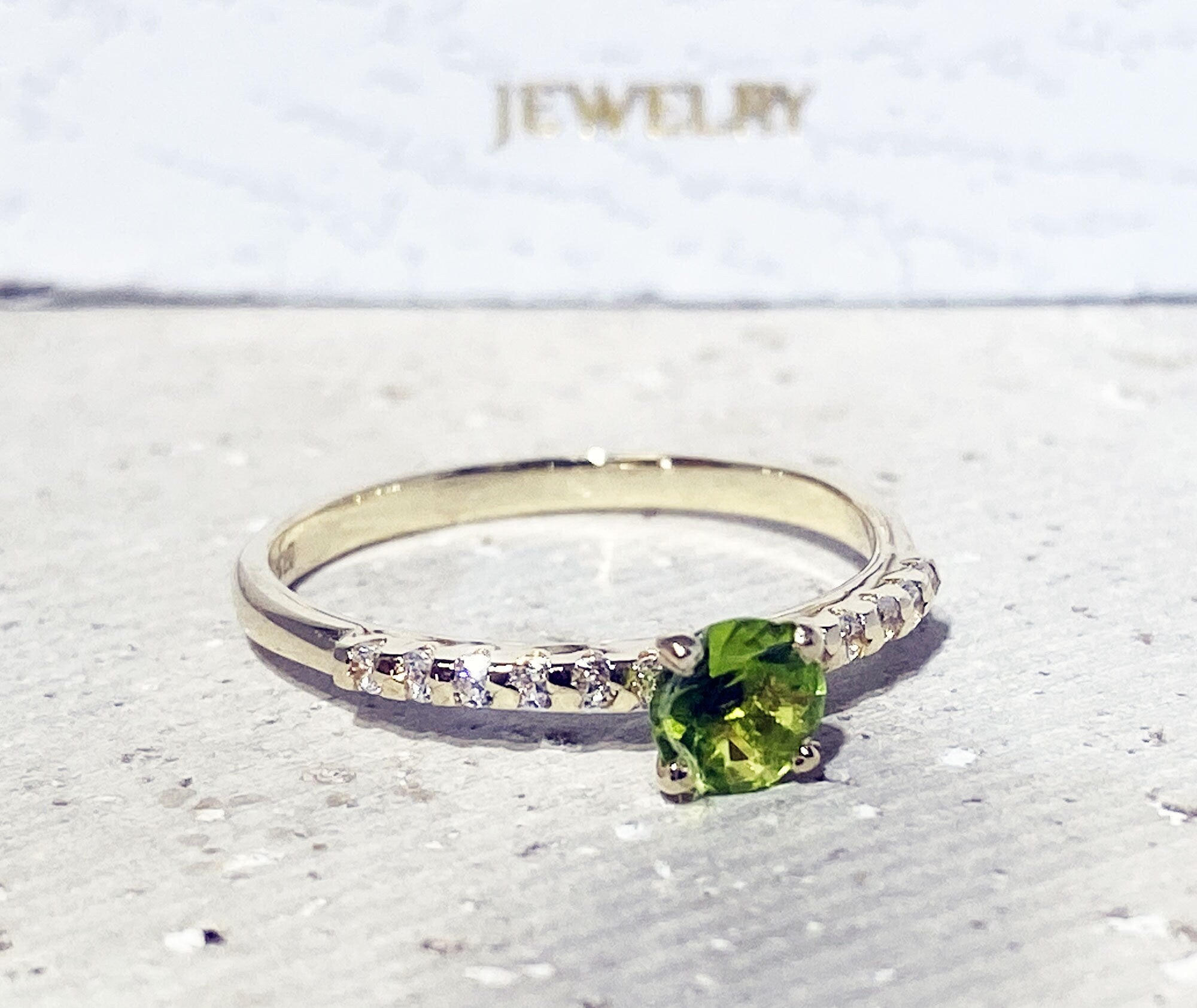 Round Peridot Delicate Ring with Clear Quartz Accents - H.L.Jewelry