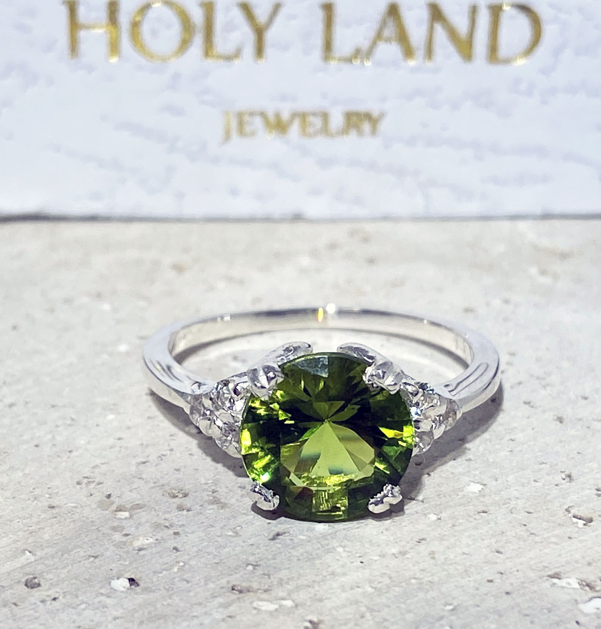 Round Peridot Engagement Ring with Clear Quartz Accents - H.L.Jewelry