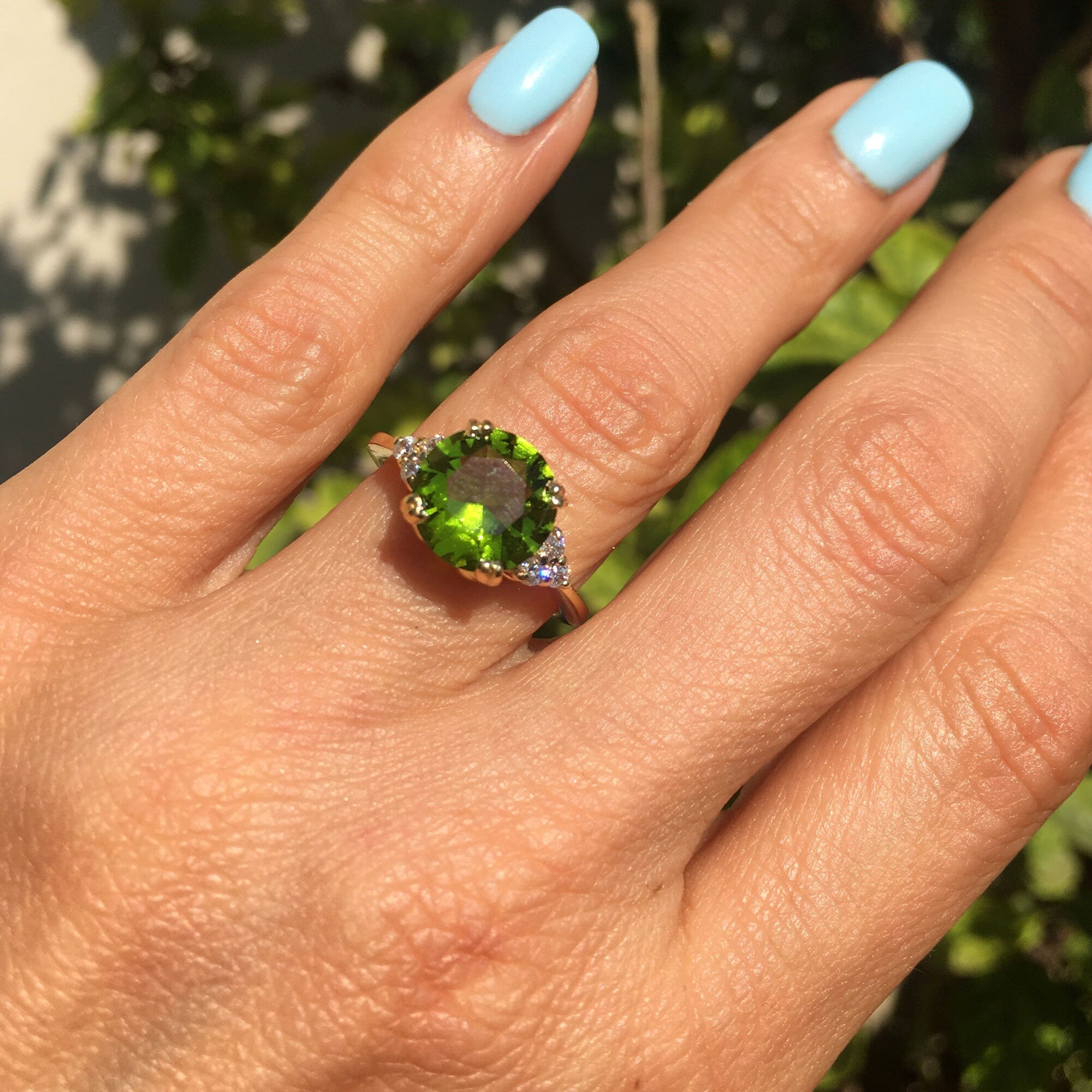 Round Peridot Engagement Ring with Clear Quartz Accents - H.L.Jewelry
