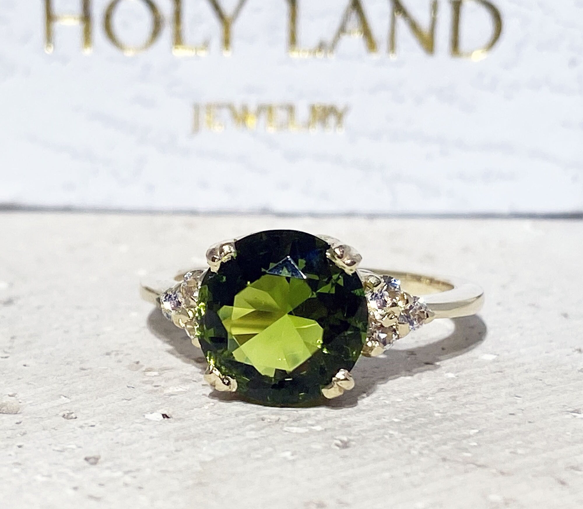 Round Peridot Engagement Ring with Clear Quartz Accents - H.L.Jewelry