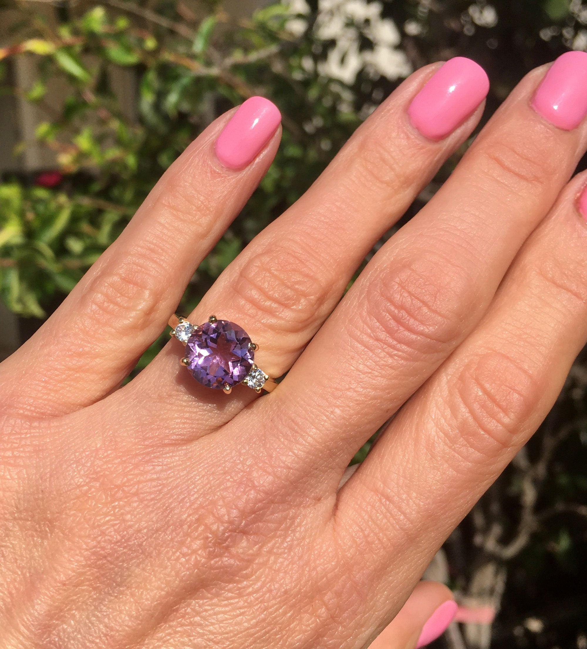 Round Purple Amethyst Cocktail Ring with Clear Quartz Accents - H.L.Jewelry