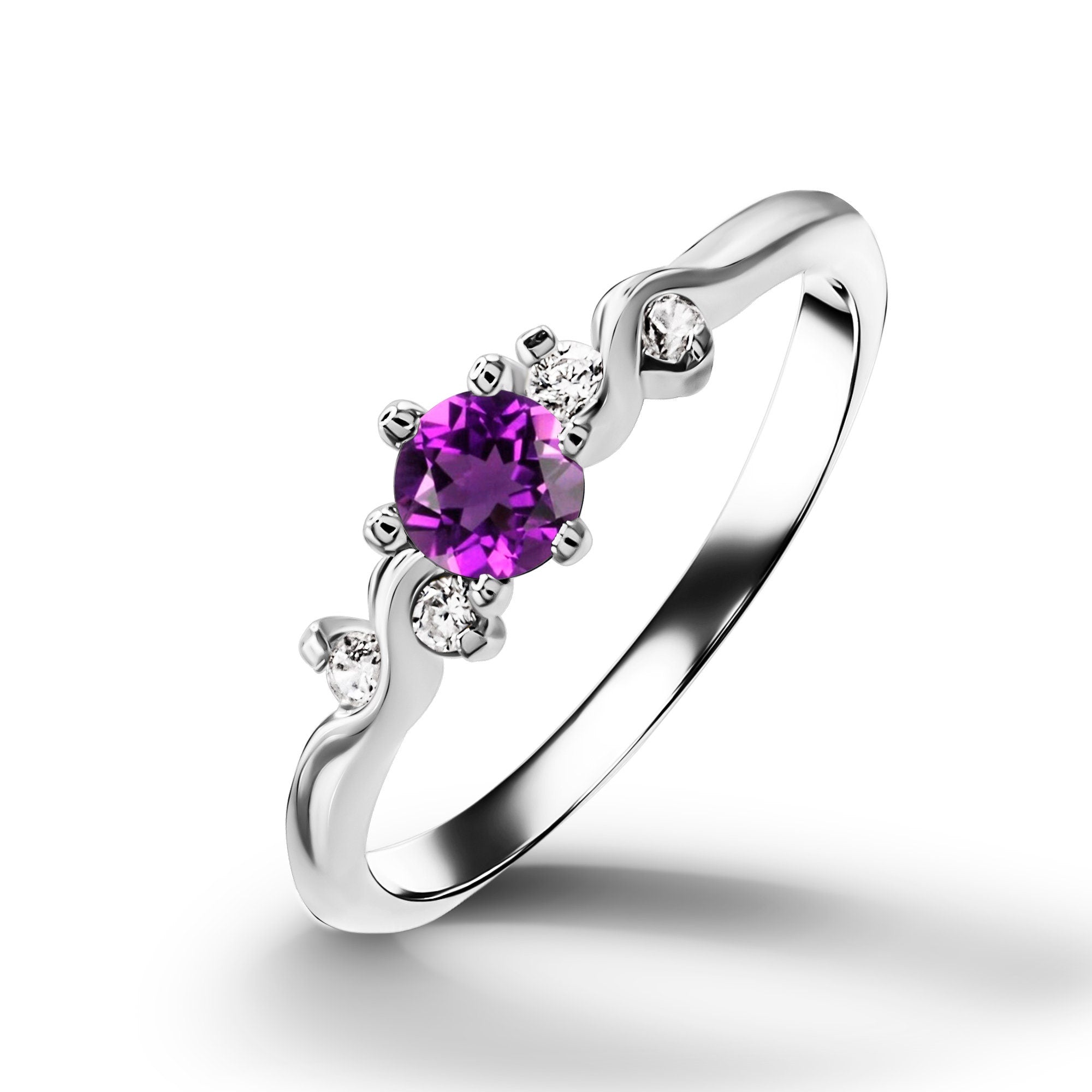Round Purple Amethyst Delicate Ring with Clear Quartz Accents - H.L.Jewelry