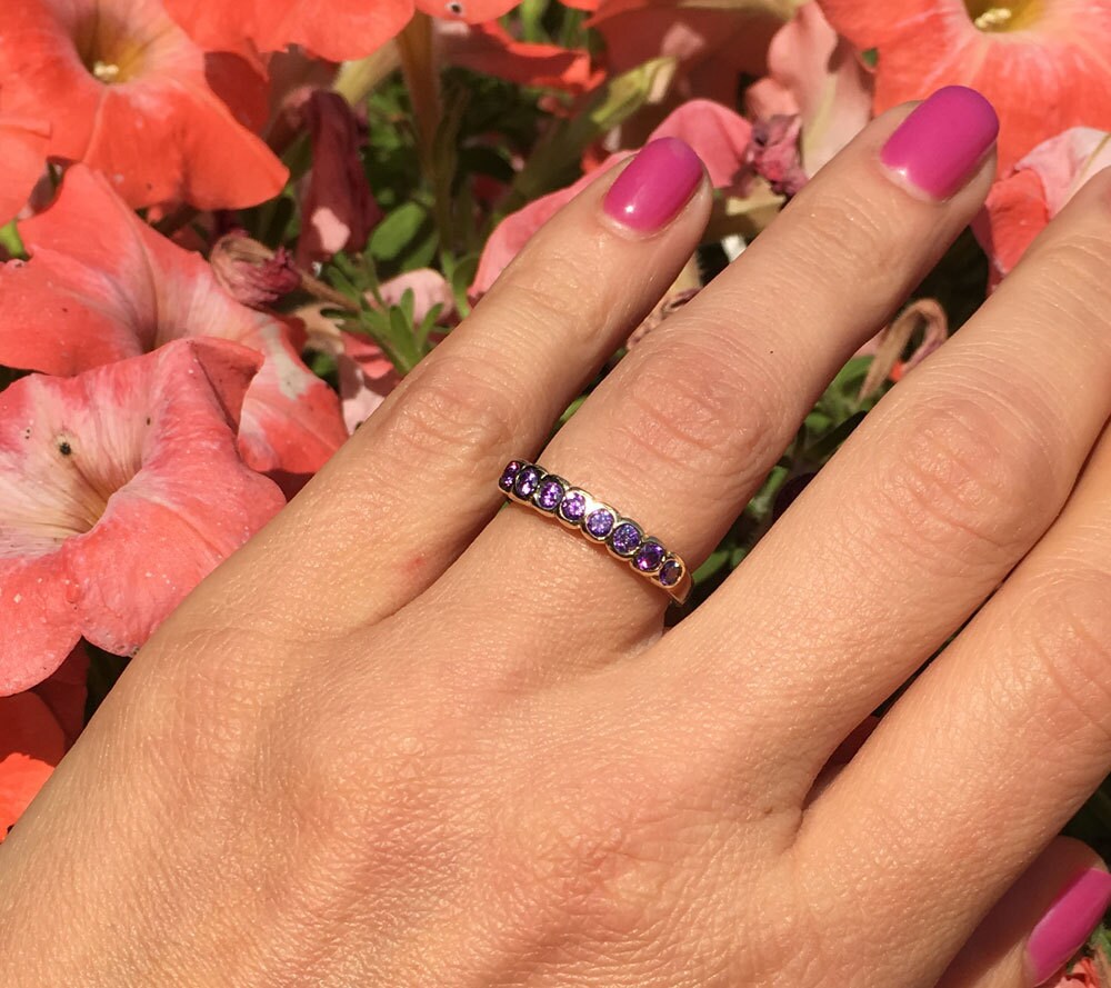 Round Purple Amethyst Eight Stone Half Eternity Stacking Simple Ring - H.L.Jewelry