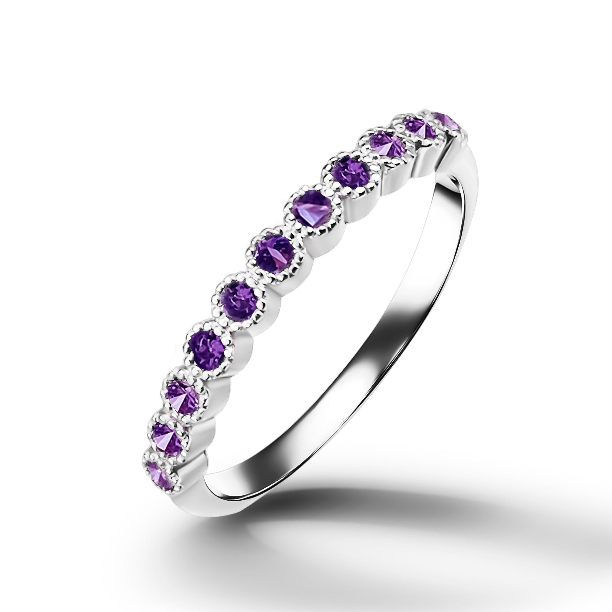 Round Purple Amethyst Eleven Stone Half Eternity Stacking Simple Ring - H.L.Jewelry