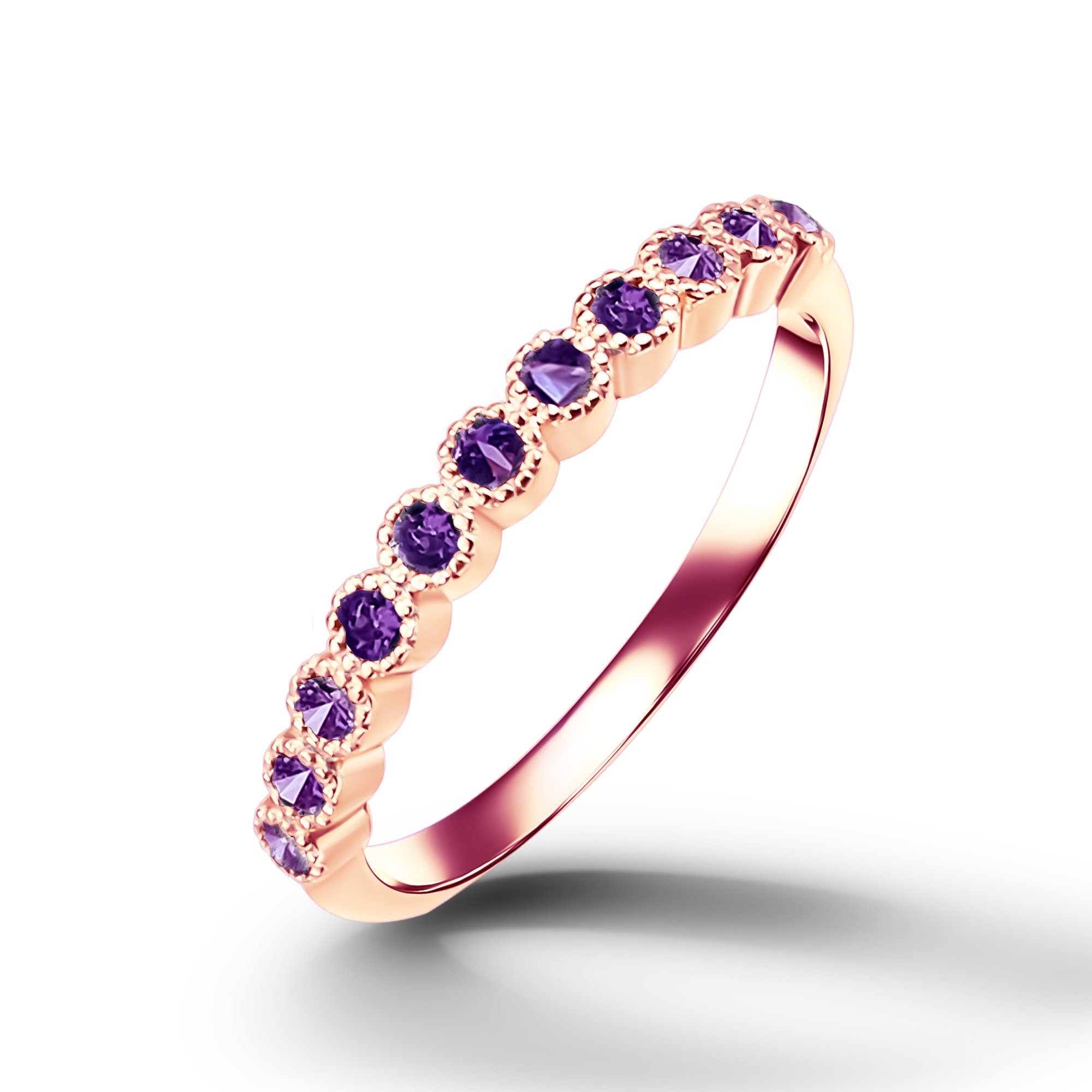 Round Purple Amethyst Eleven Stone Half Eternity Stacking Simple Ring - H.L.Jewelry