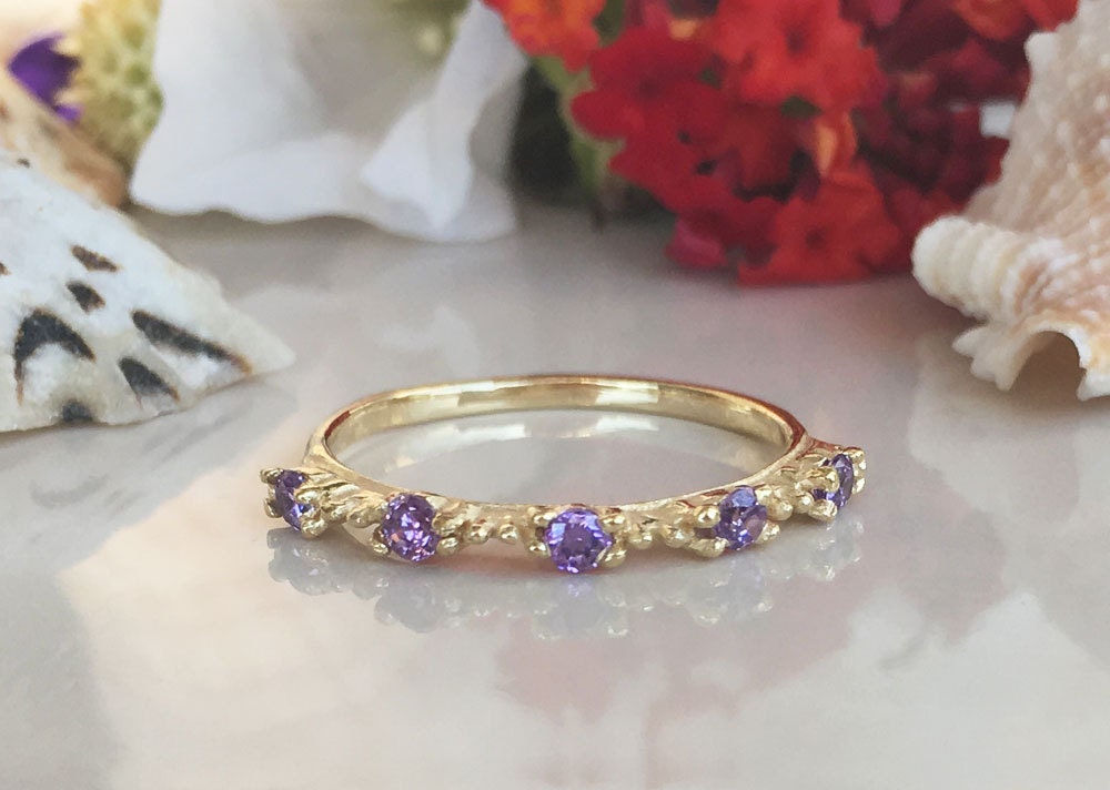 Round Purple Amethyst Five Stone Stacking Simple Ring - H.L.Jewelry